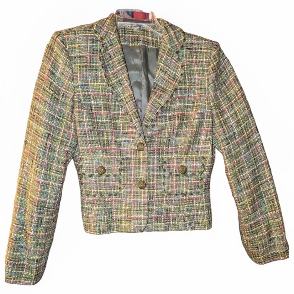EXPRESS Design Studio VINTAGE Tweed Wool Blazer BoHo Summer Green Multi Color 8